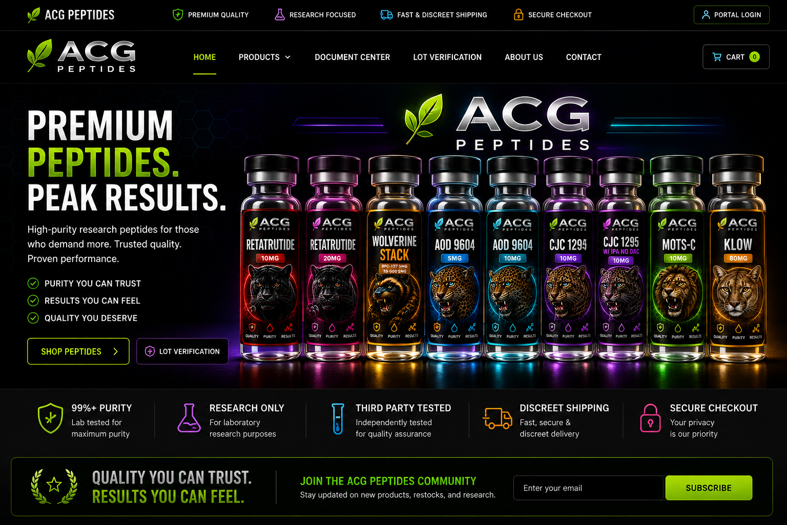 ACG Peptides black neon labeled bottles